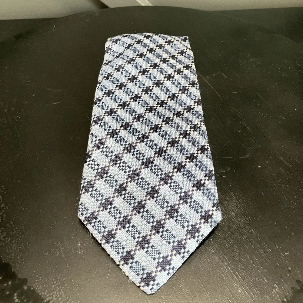 Escada 100% Silk Necktie Blue Navy Black Geometric Woven Check Luxury Tie
